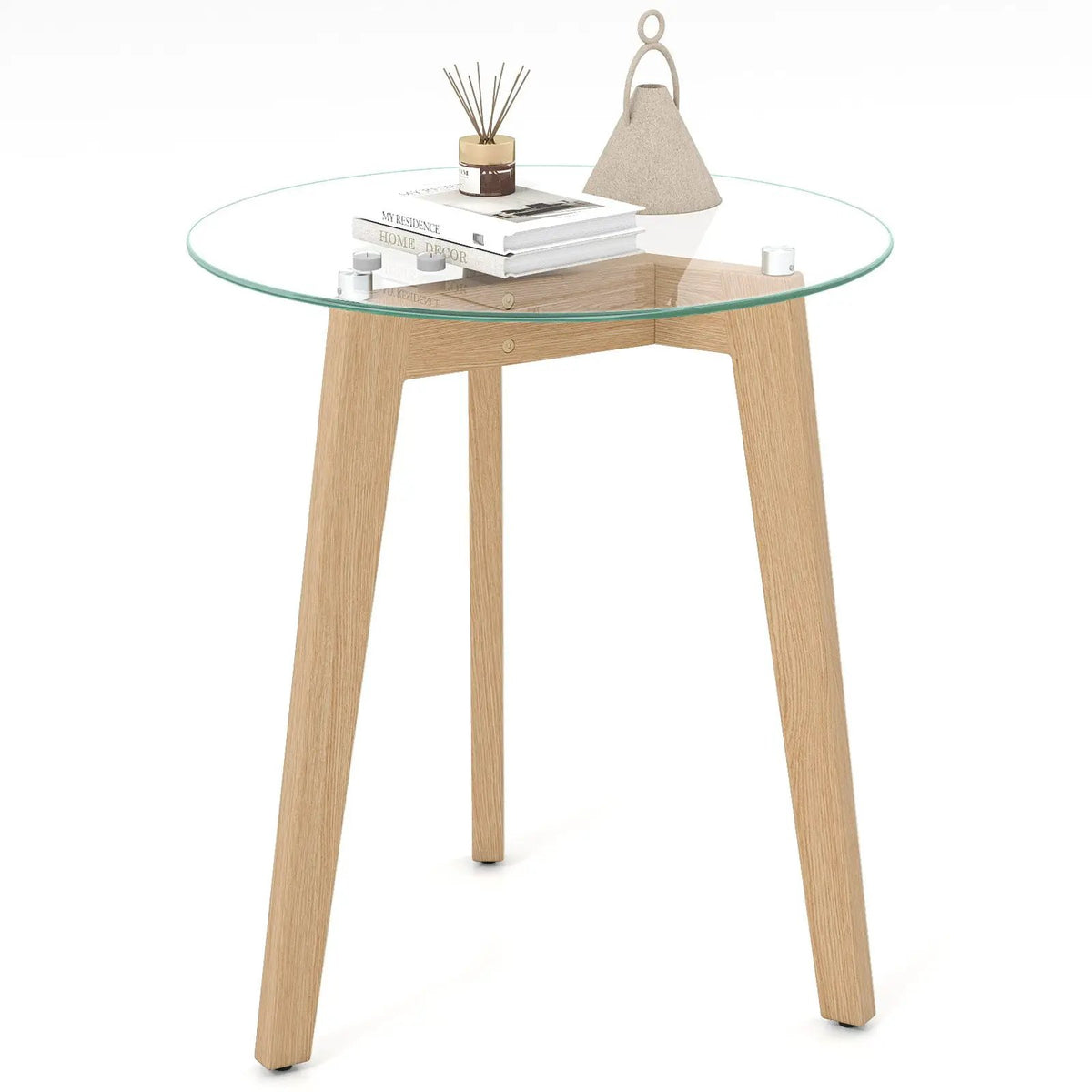 Tempered Glass End Table Round with Solid Rubber Wood Structure, photo 5 of 16