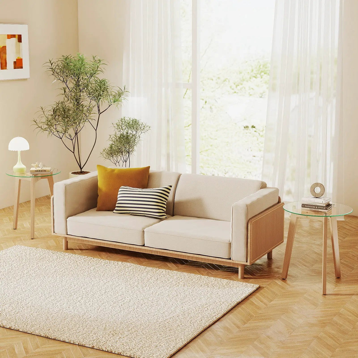 Tempered Glass End Table Round with Solid Rubber Wood Structure, photo 2 of 16