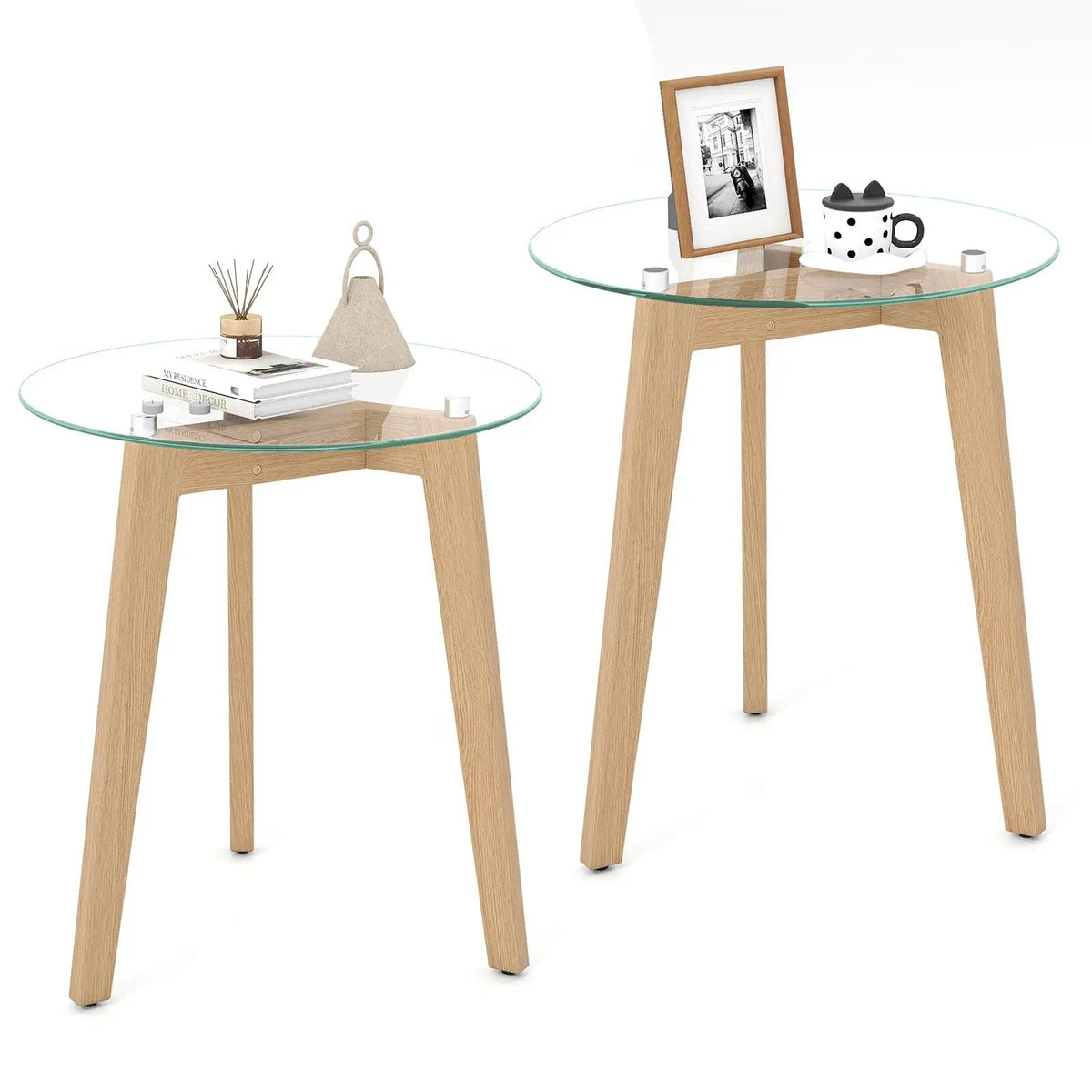 Tempered Glass End Table Round with Solid Rubber Wood Structure, photo 6 of 16