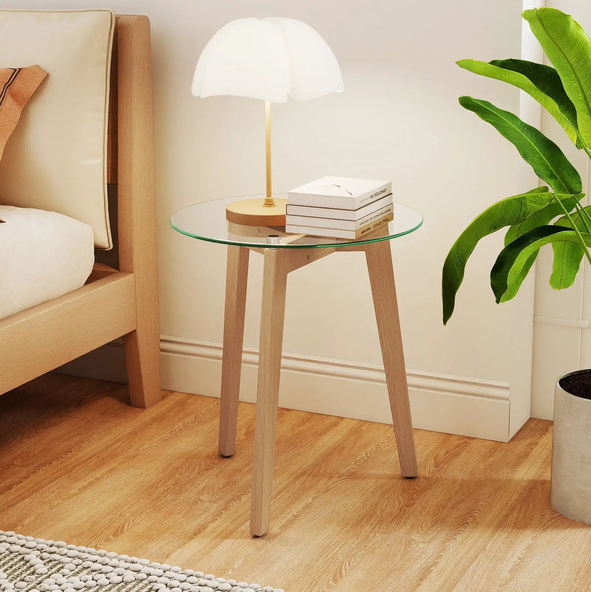 Tempered Glass End Table Round with Solid Rubber Wood Structure, photo 12 of 16