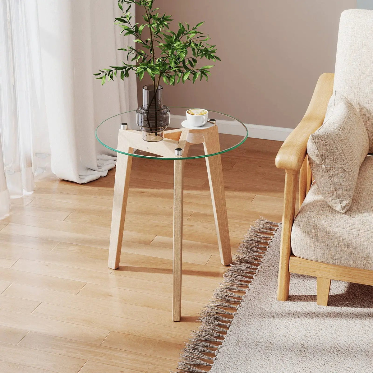 Tempered Glass End Table Round with Solid Rubber Wood Structure, photo 14 of 16