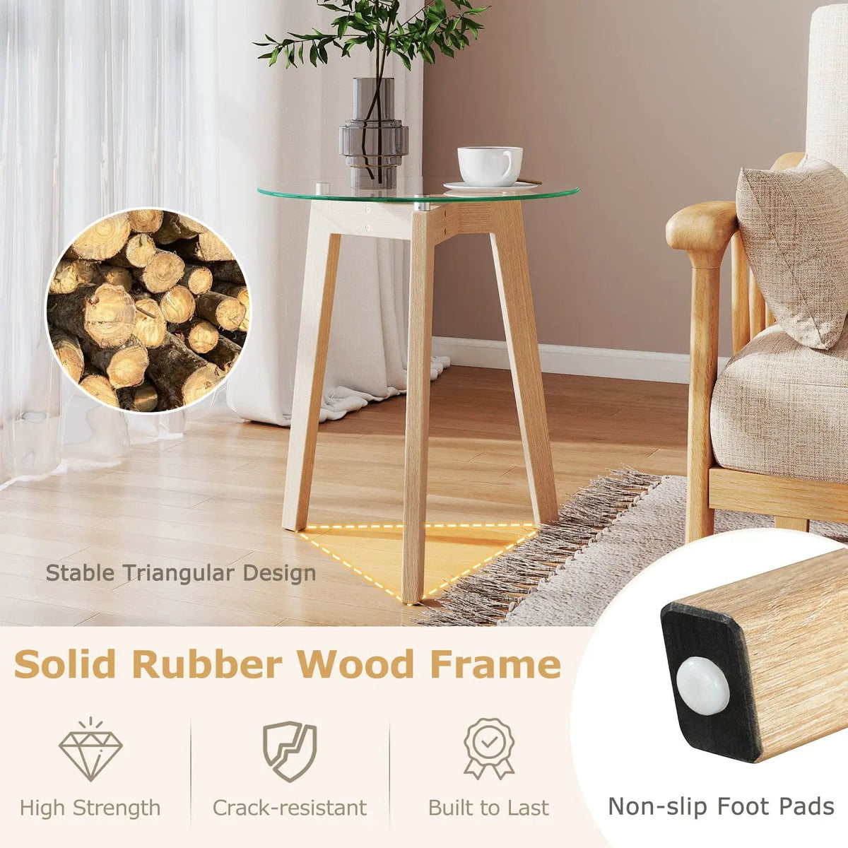 Tempered Glass End Table Round with Solid Rubber Wood Structure, photo 16 of 16