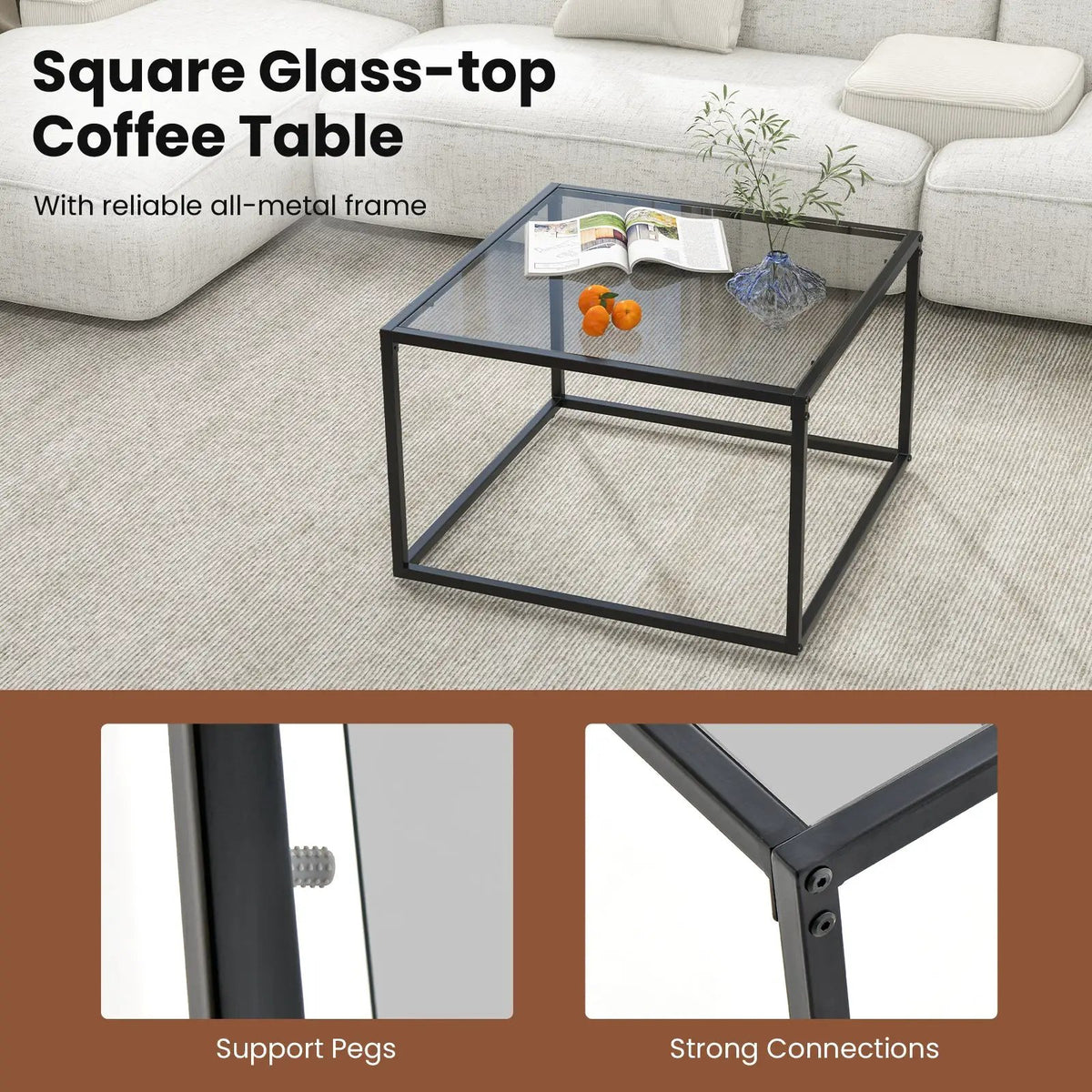 27.5 Inch Home Square Tea Table with Heavy-duty Metal Frame, photo 14 of 16