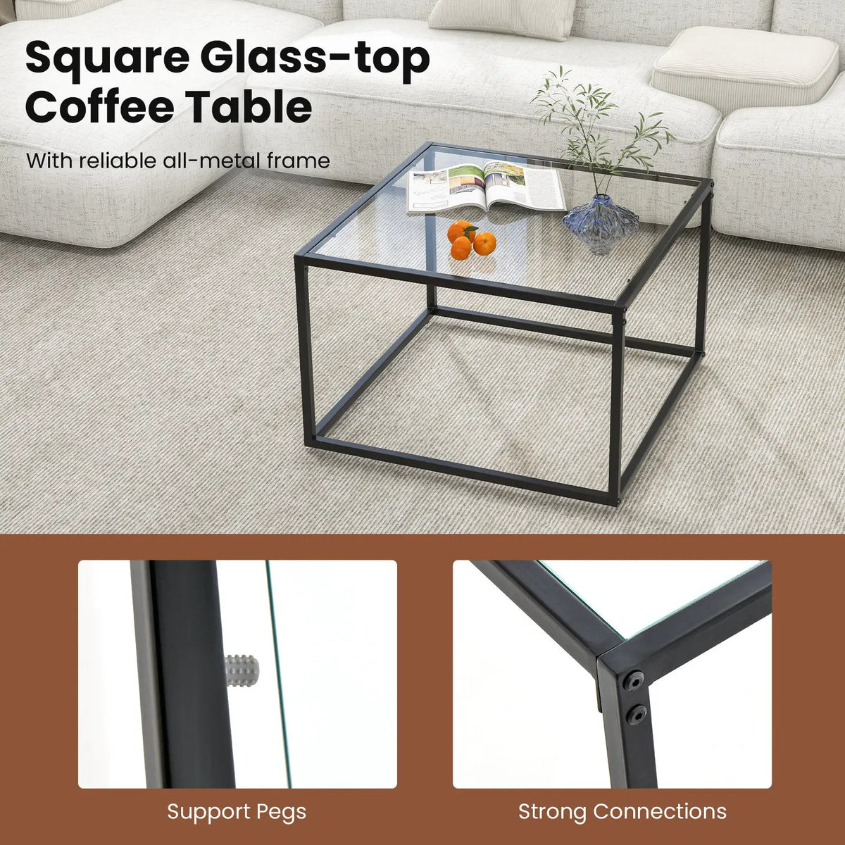 27.5 Inch Home Square Tea Table with Heavy-duty Metal Frame, photo 13 of 16