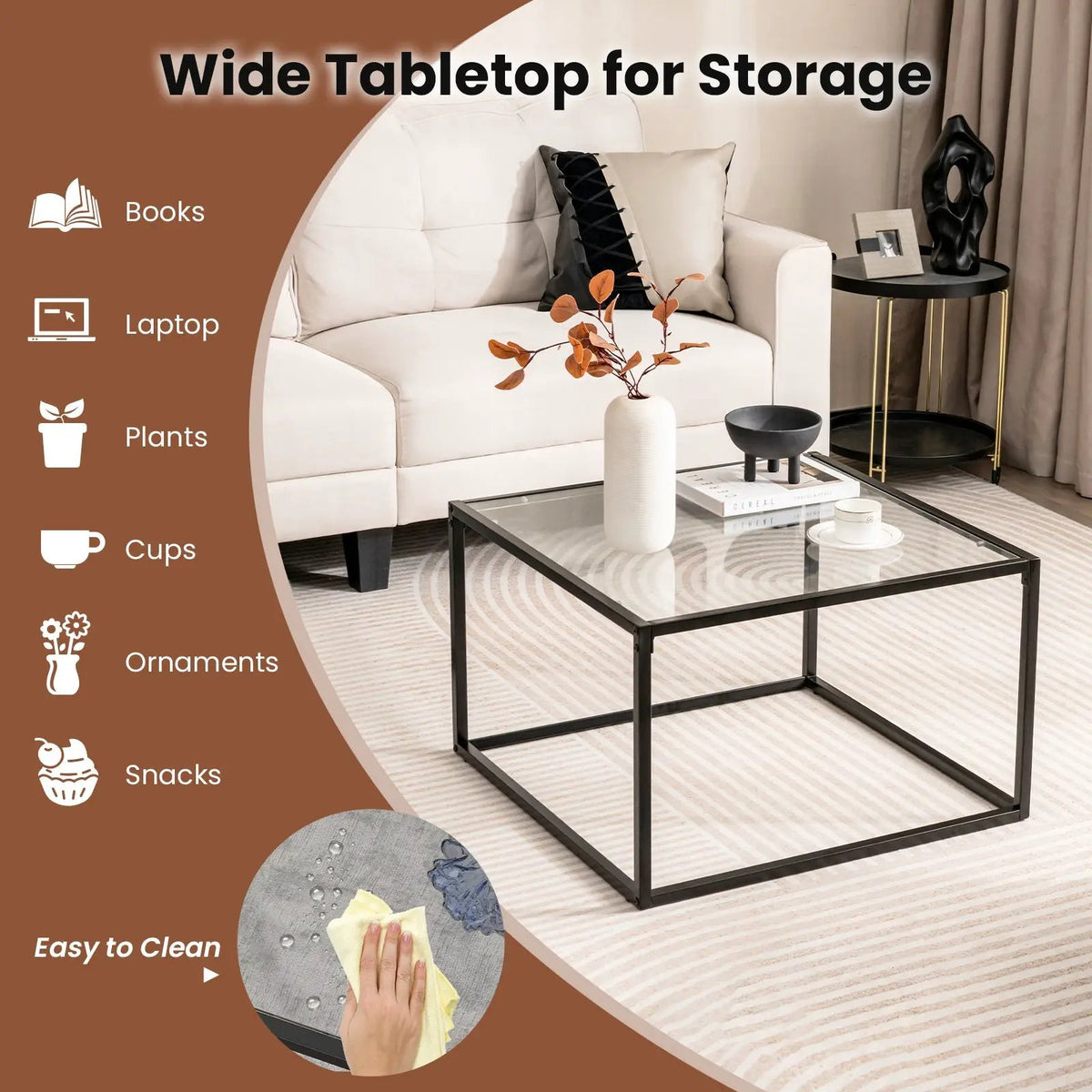 27.5 Inch Home Square Tea Table with Heavy-duty Metal Frame, photo 15 of 16