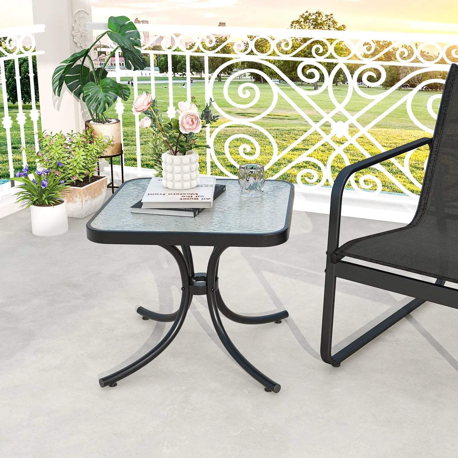 Tempered Glass Top Patio Table with Heavy-duty Metal Frame for Garden Poolside-Black by DirectDeals