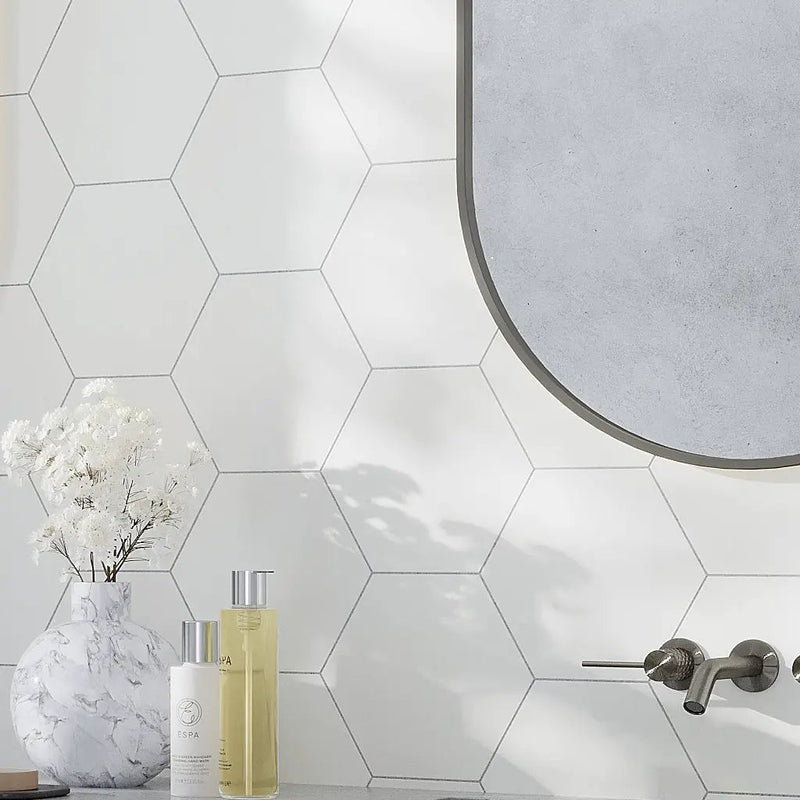 Chiffon White 8x9 Matte Hexagon Porcelain Tile (25 pack, 9.93 sq ft/case) by Apollo Tile