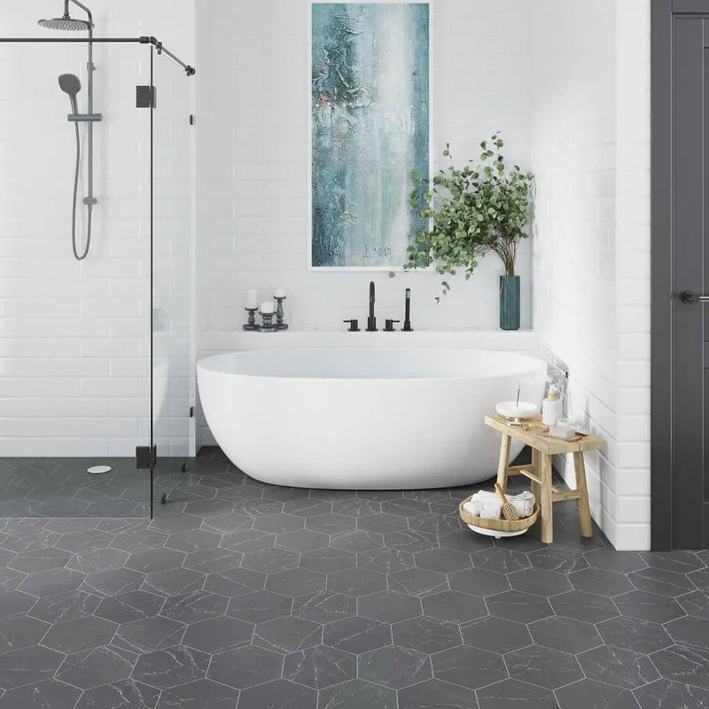 Black 8x9 Matte Hexagon Porcelain Tile (25 pack, 9.93 sq ft/case) by Apollo Tile