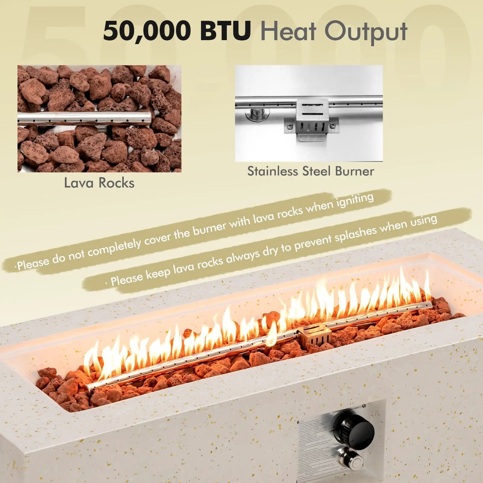 42 Inch 50 000 BTU Rectangle Terrazzo Fire Pit Table with PVC Cover-White by DirectDeals