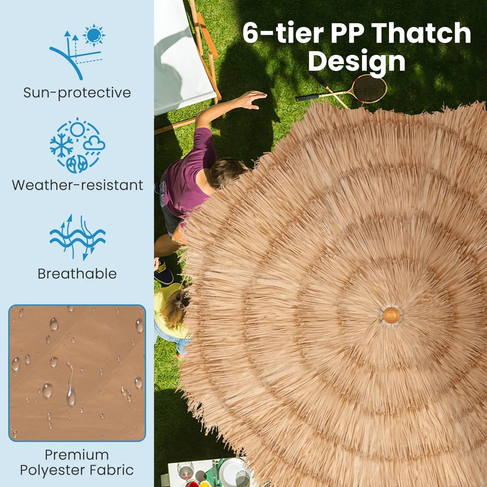 6.5 Feet Thatched Tiki Umbrella with Foldable Stand Push Button Tilt-Natural by DirectDeals