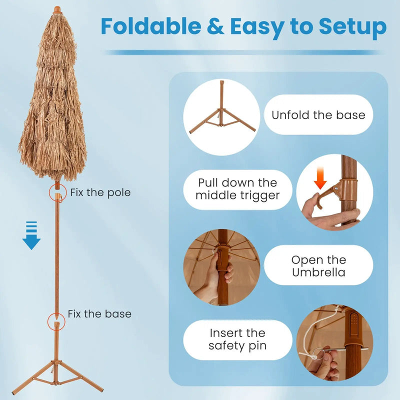 6.5 Feet Thatched Tiki Umbrella with Foldable Stand Push Button Tilt-Natural by DirectDeals