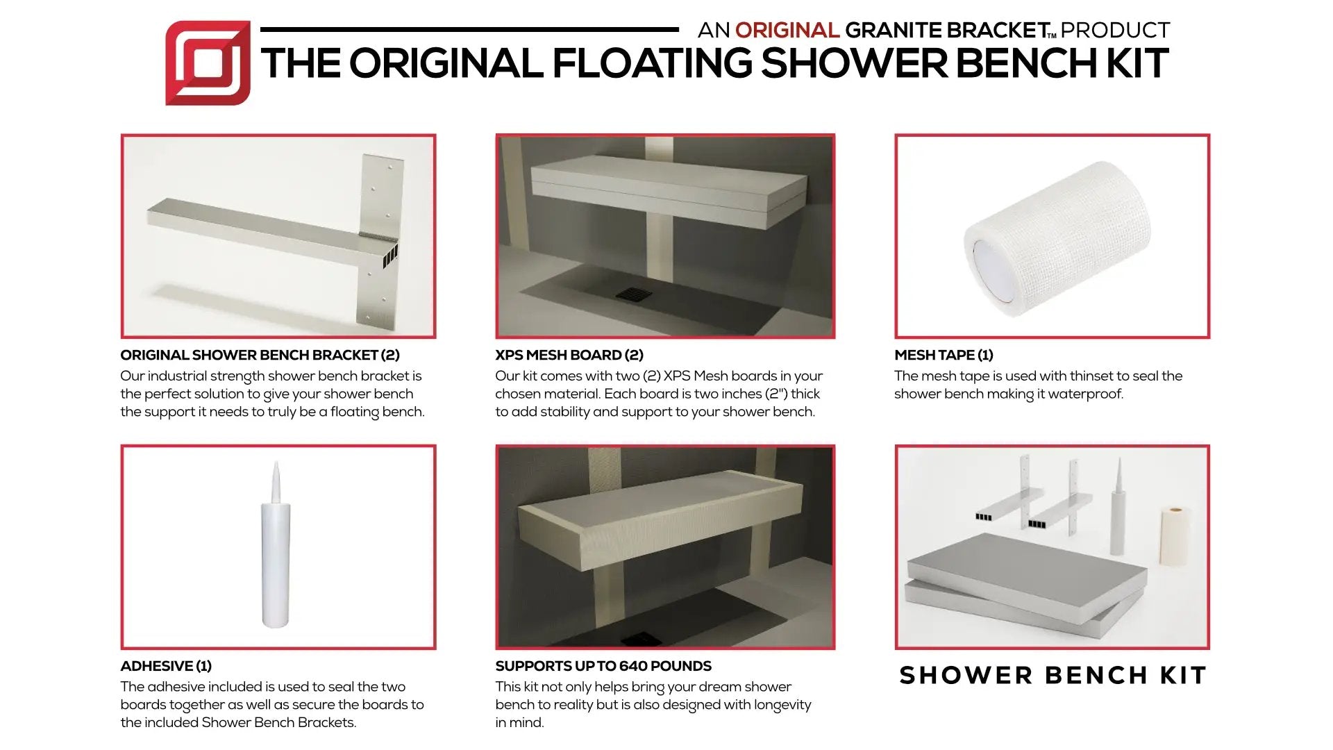 The Original Floating Shower Bench Kit­™ with wedi® & Original Shower Bench Bracket® by The Original Granite Bracket