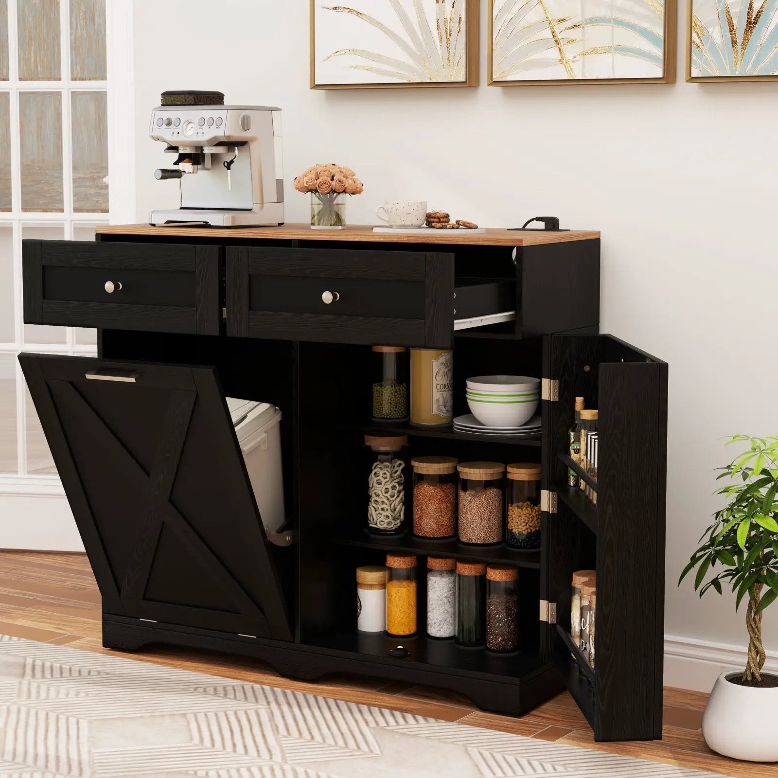 Tilt Out Trash Can Cabinet with Outlets and Adjustable Shelf by DirectDeals