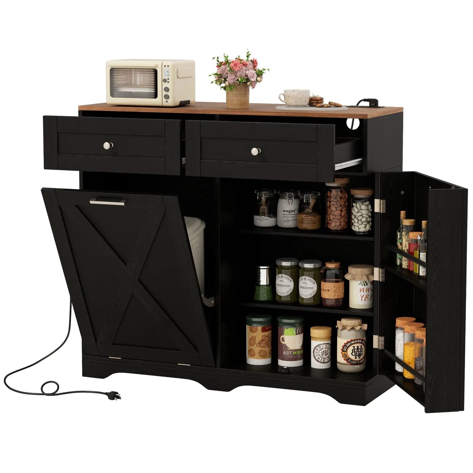 Tilt Out Trash Can Cabinet with Outlets and Adjustable Shelf by DirectDeals