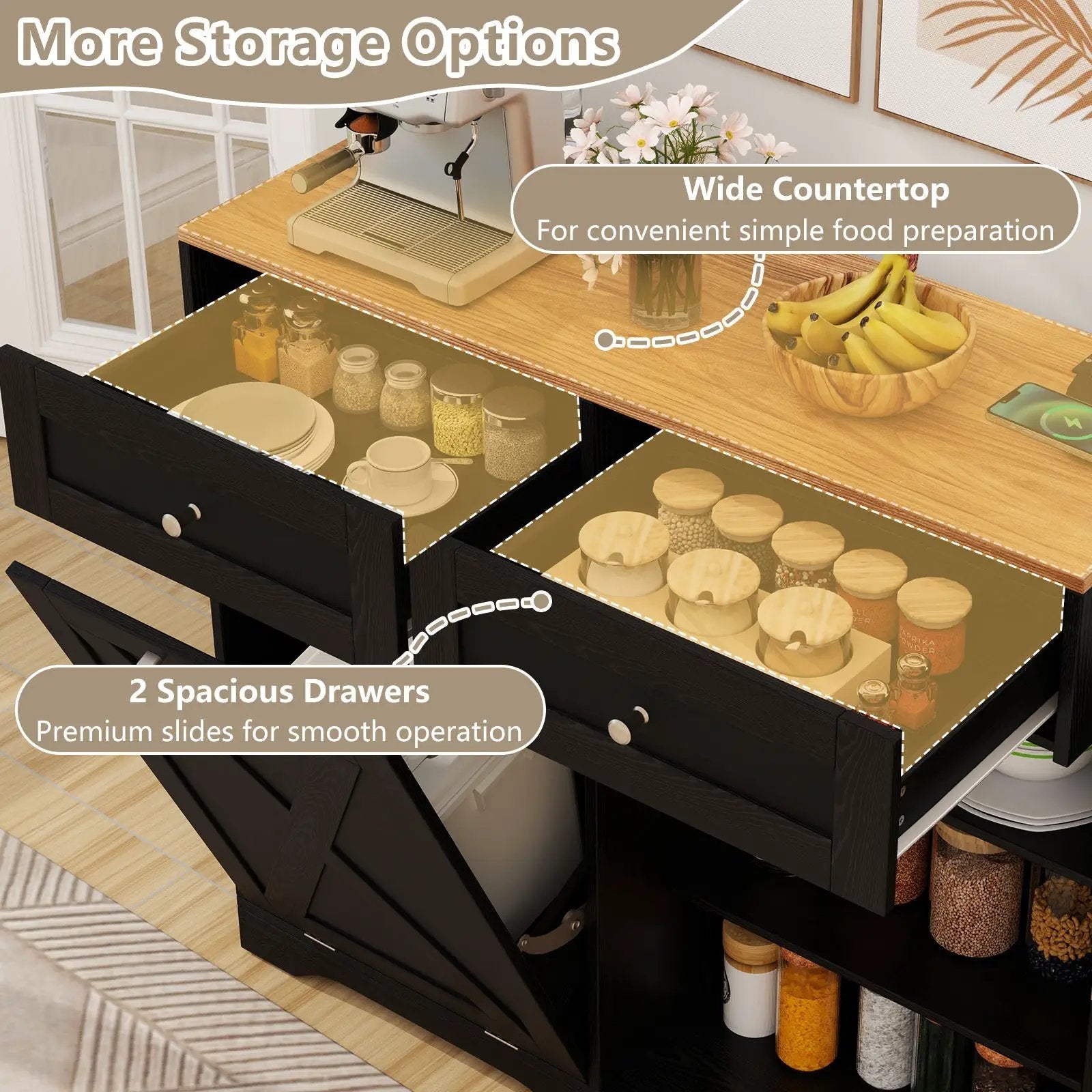 Tilt Out Trash Can Cabinet with Outlets and Adjustable Shelf by DirectDeals