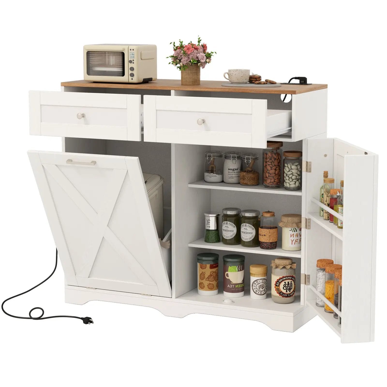Tilt Out Trash Can Cabinet with Outlets and Adjustable Shelf by DirectDeals