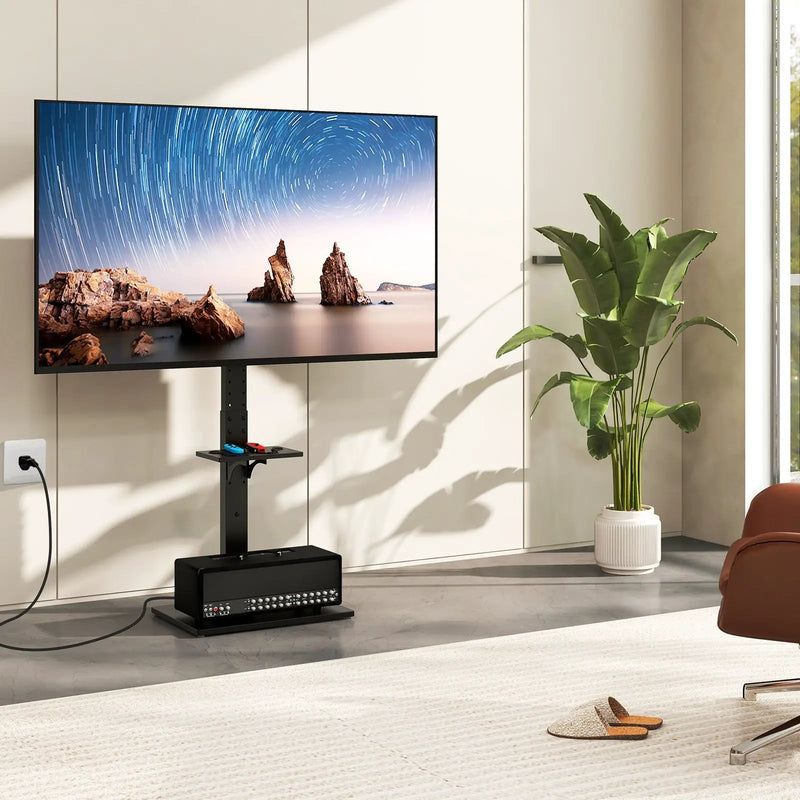 Tilt and Height Adjustable Floor TV Stand with Power Outlet and Adjustable AV Shelf by DirectDeals