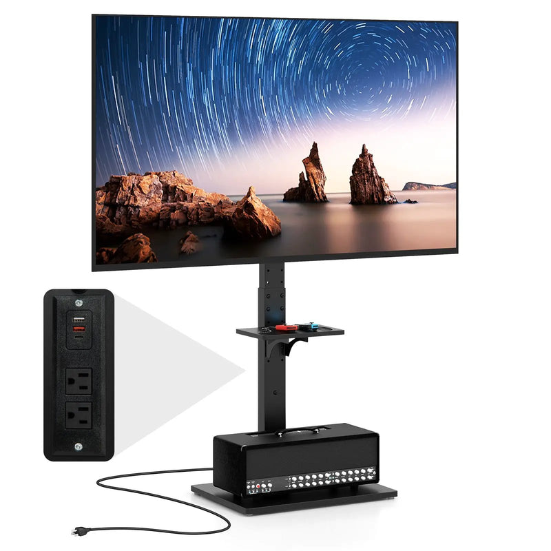 Tilt and Height Adjustable Floor TV Stand with Power Outlet and Adjustable AV Shelf by DirectDeals