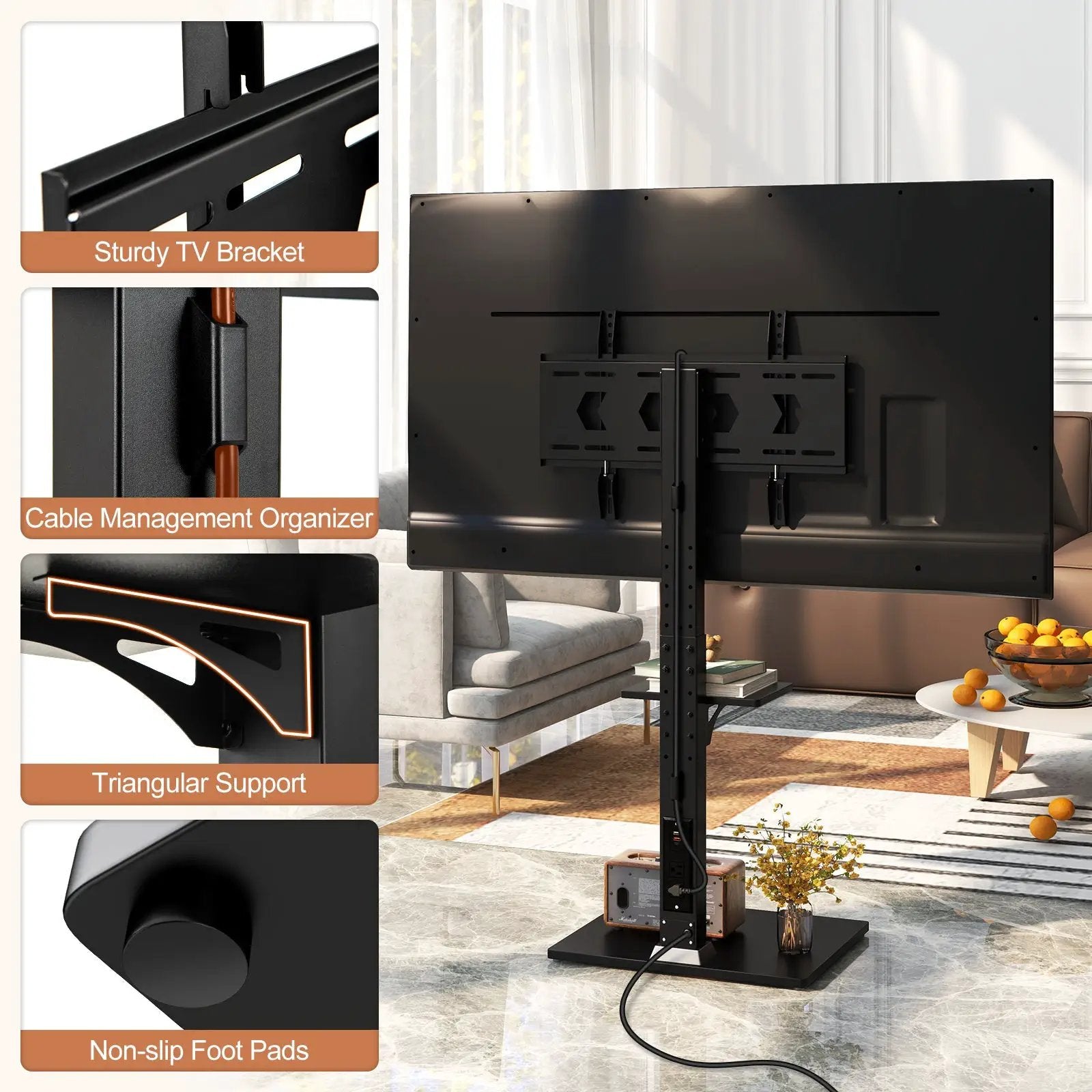 Tilt and Height Adjustable Floor TV Stand with Power Outlet and Adjustable AV Shelf by DirectDeals