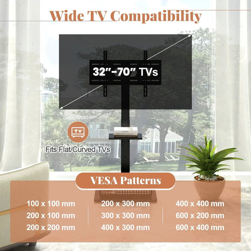 Tilt and Height Adjustable Floor TV Stand with Power Outlet and Adjustable AV Shelf by DirectDeals