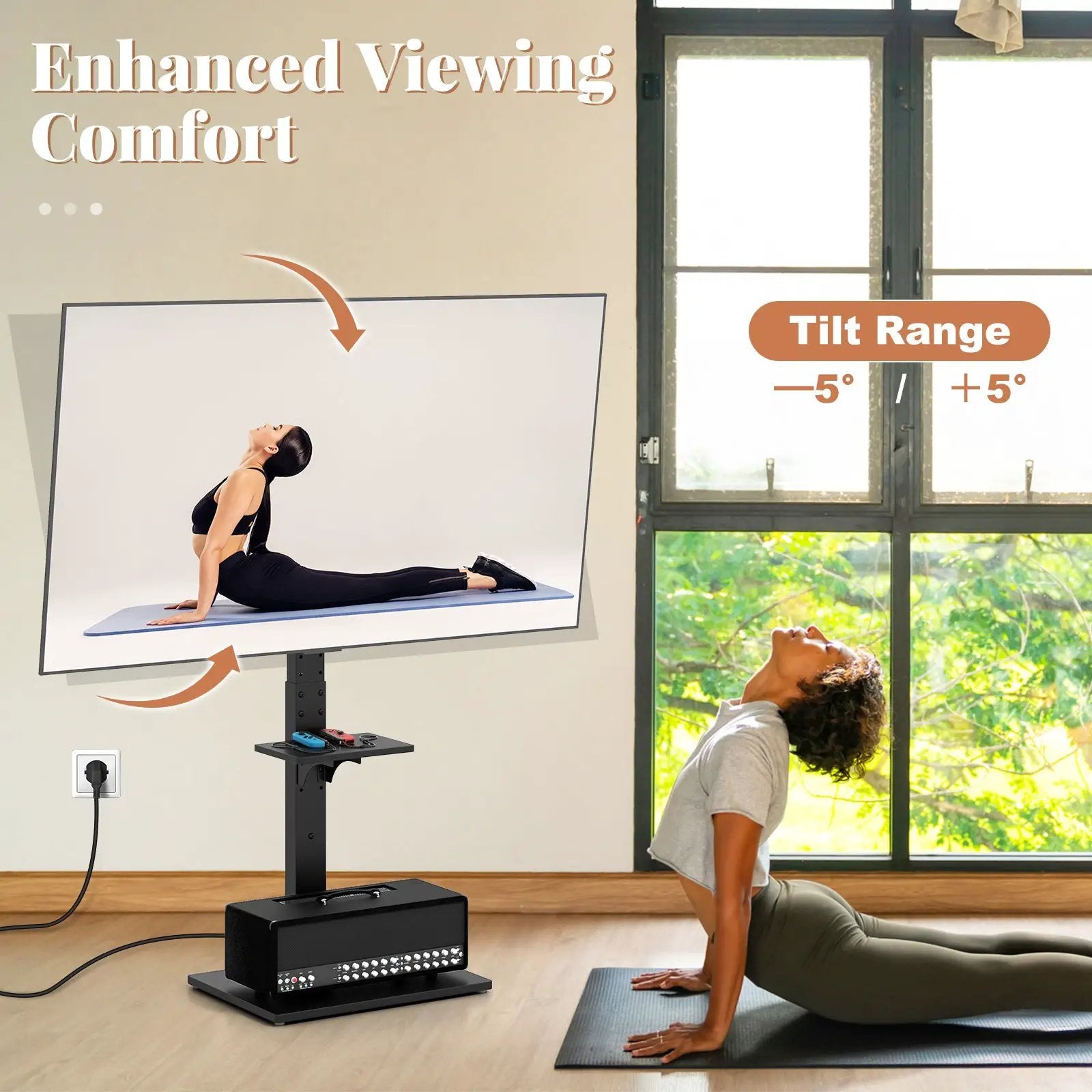 Tilt and Height Adjustable Floor TV Stand with Power Outlet and Adjustable AV Shelf by DirectDeals