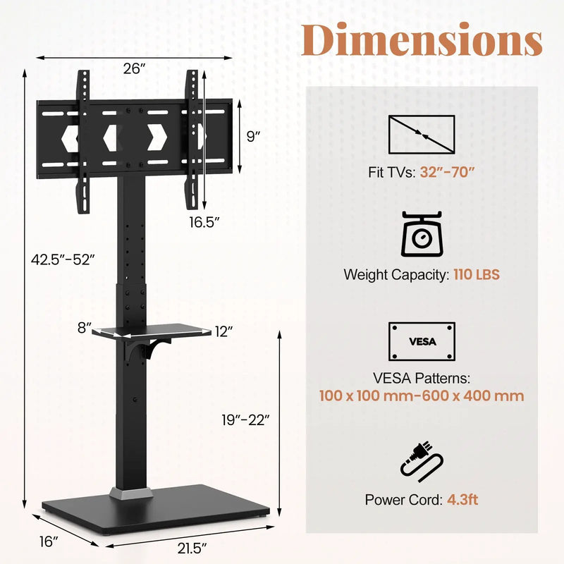 Tilt and Height Adjustable Floor TV Stand with Power Outlet and Adjustable AV Shelf by DirectDeals