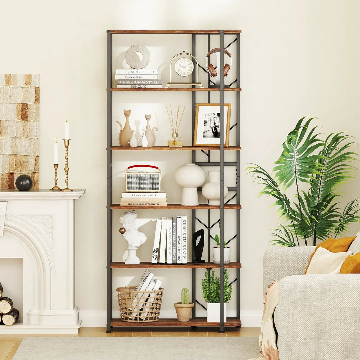 6-Tier Bookshelf Modern Geometric Bookcase with Heavy-duty Metal Frame and Anti-tipping Kits