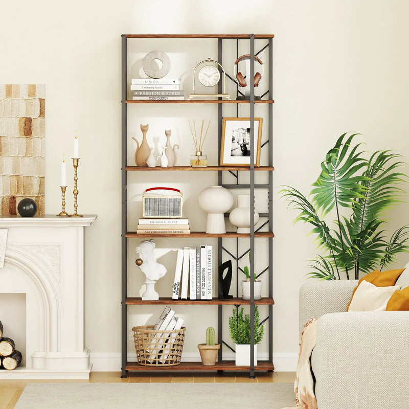 6-Tier Bookshelf Modern Geometric Bookcase with Heavy-duty Metal Frame and Anti-tipping Kits by DirectDeals