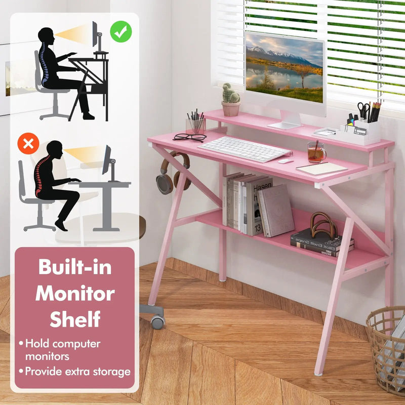Space Saving Computer Desk with Monitor Stand and Extra Storage Shelf for Work Study by DirectDeals