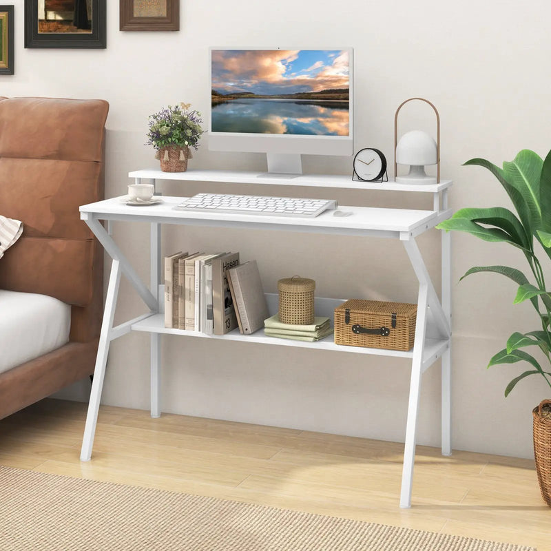 Space Saving Computer Desk with Monitor Stand and Extra Storage Shelf for Work Study by DirectDeals