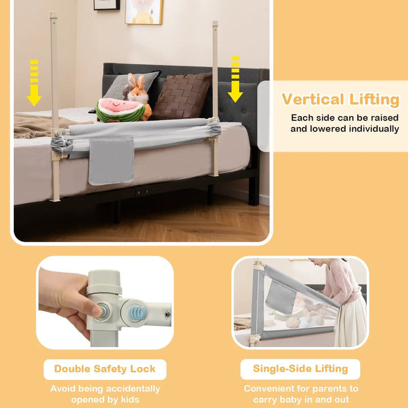 Toddler Bedrail with Side Pocket and 24 Adjustable Heights-Gray by DirectDeals