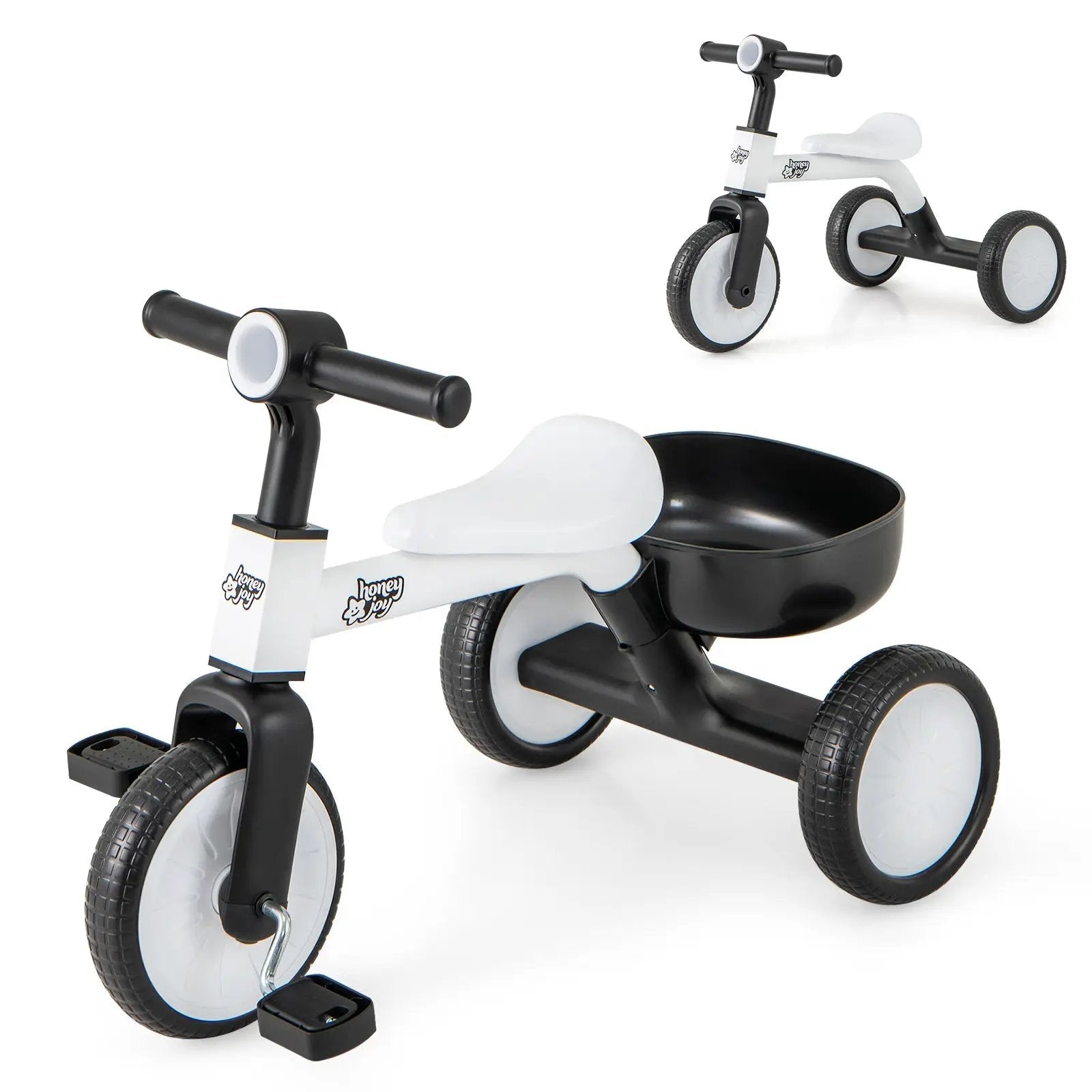 Toddler Convertible Trike with 86° Limited Steering Angle and Carbon Steel Frame-White by DirectDeals