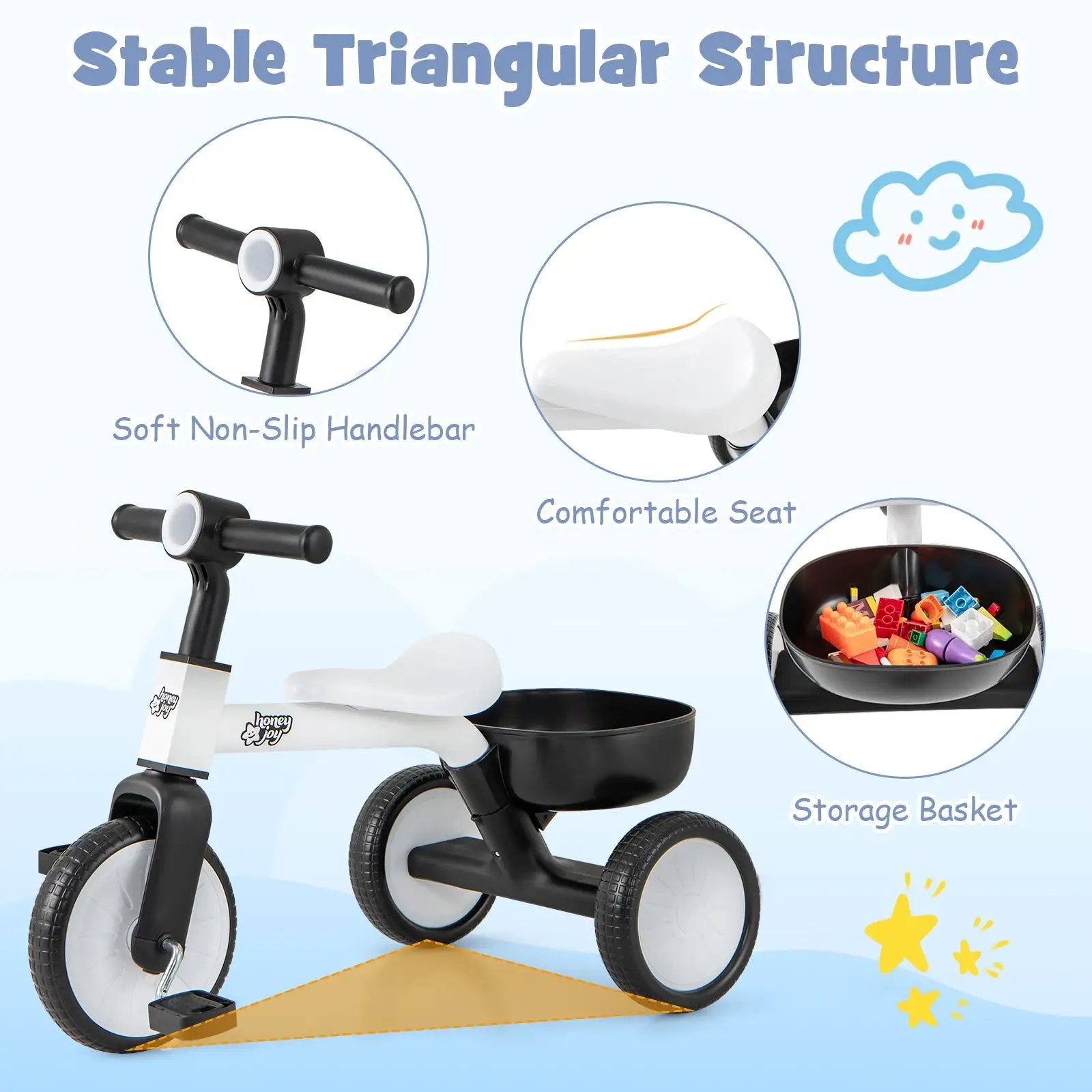 Toddler Convertible Trike with 86° Limited Steering Angle and Carbon Steel Frame-White by DirectDeals