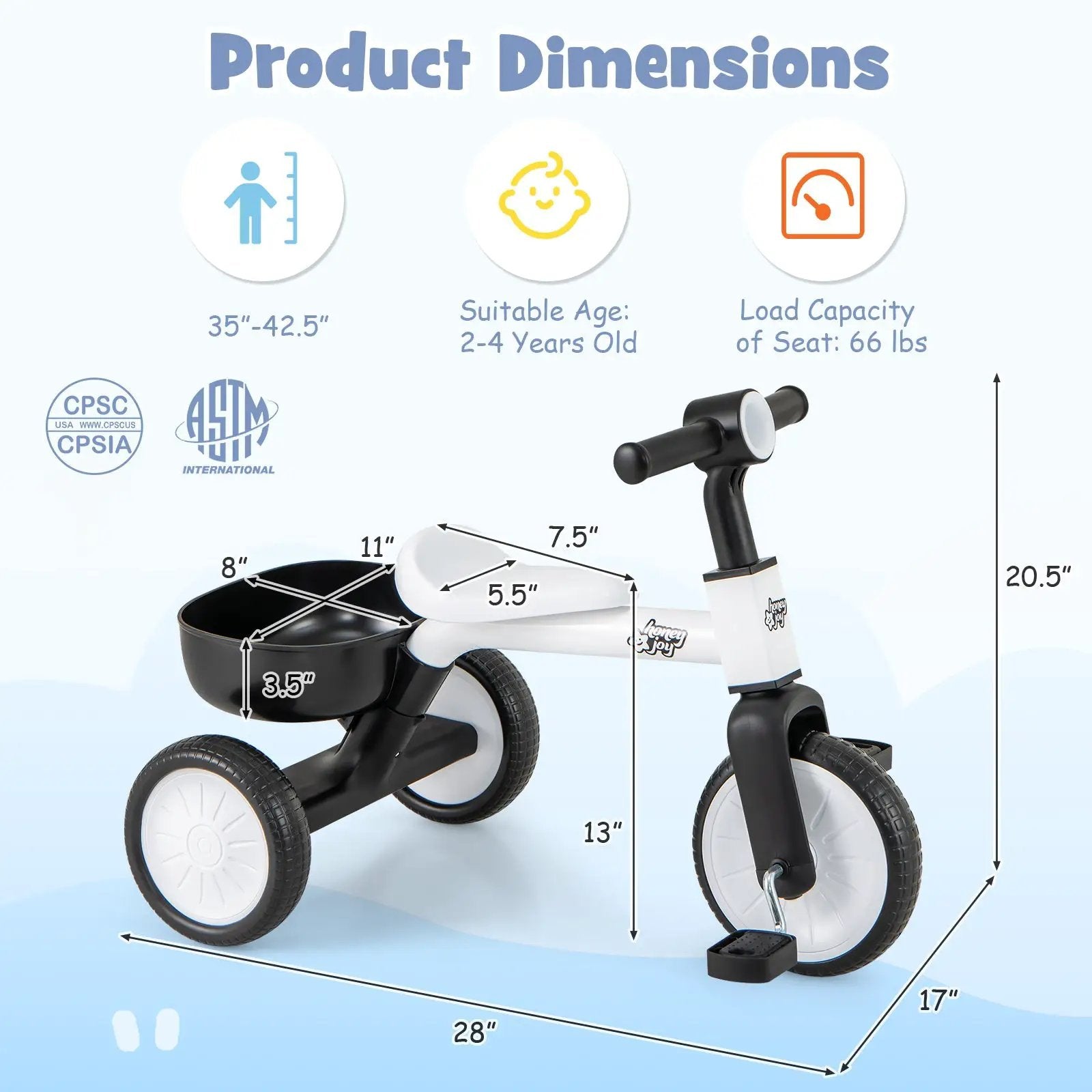 Toddler Convertible Trike with 86° Limited Steering Angle and Carbon Steel Frame-White by DirectDeals