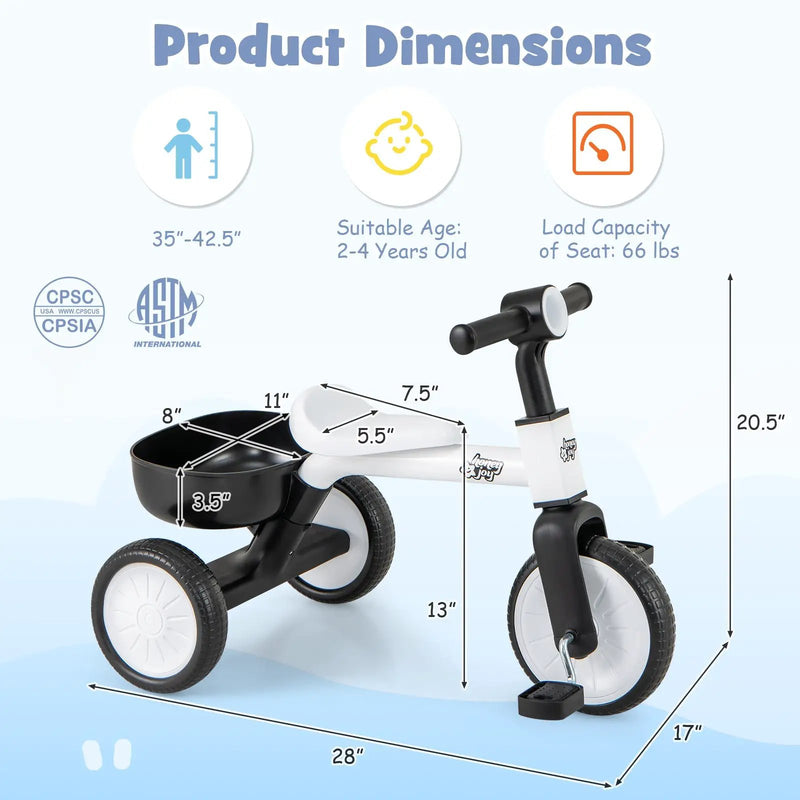 Toddler Convertible Trike with 86° Limited Steering Angle and Carbon Steel Frame-White by DirectDeals