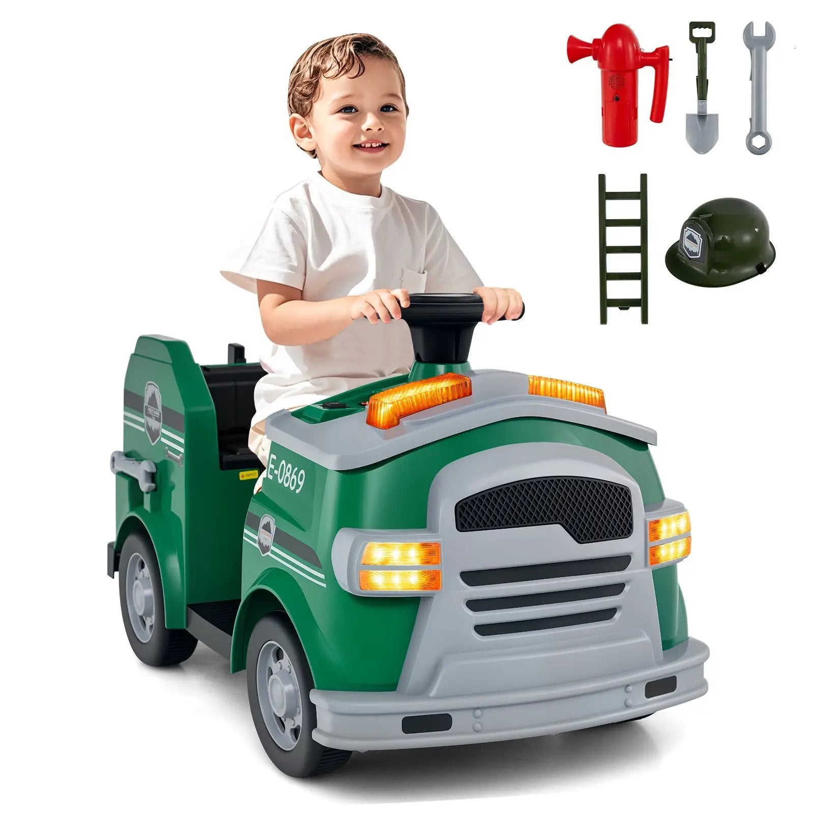 12V Toddler Fire Toy Car with Shovel and Wrench for Ages 37-95 Months by DirectDeals