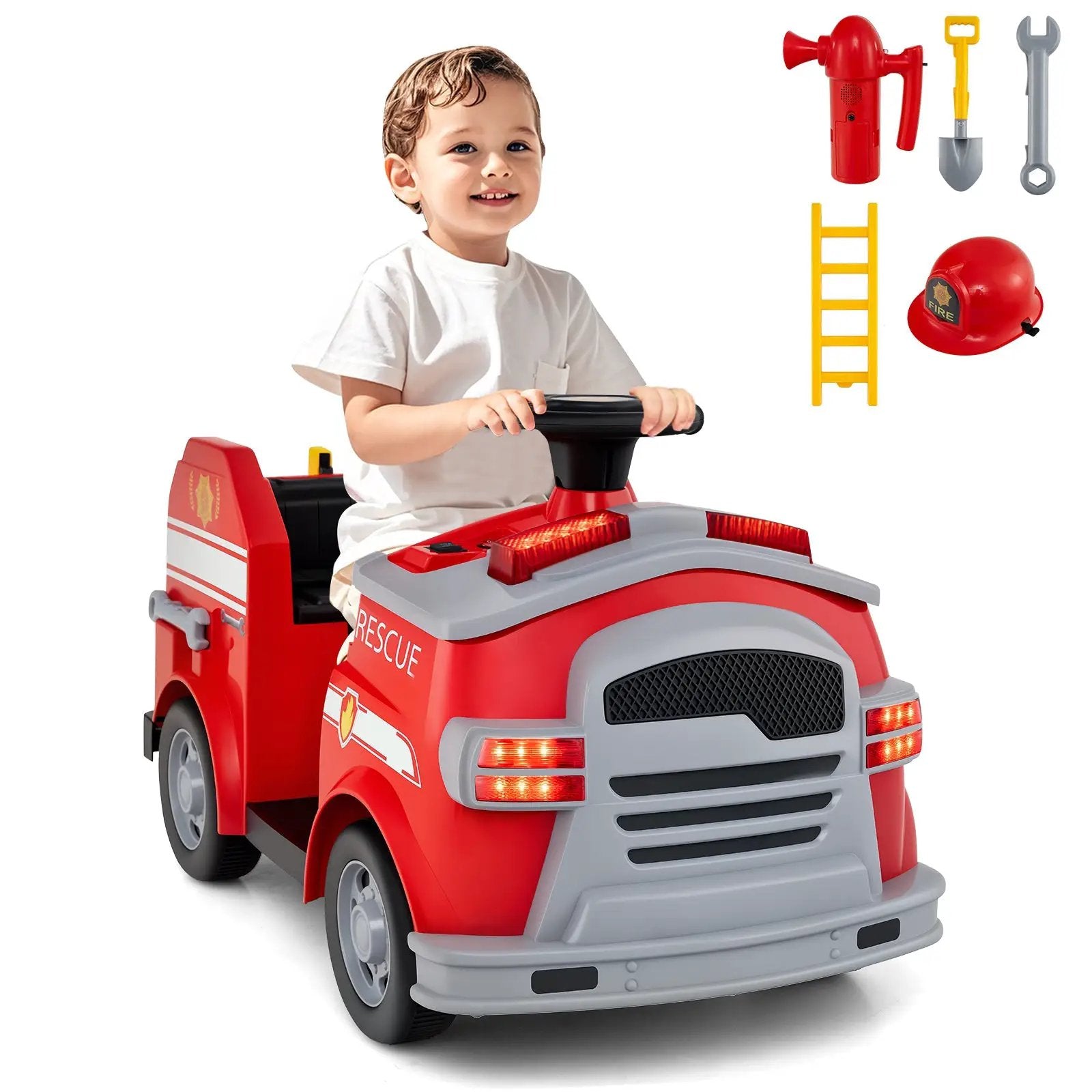 12V Toddler Fire Toy Car with Shovel and Wrench for Ages 37-95 Months by DirectDeals
