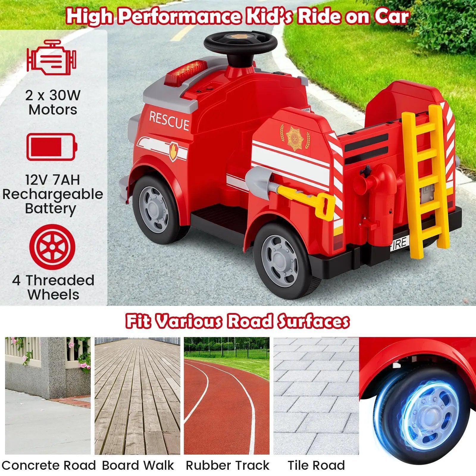 12V Toddler Fire Toy Car with Shovel and Wrench for Ages 37-95 Months by DirectDeals