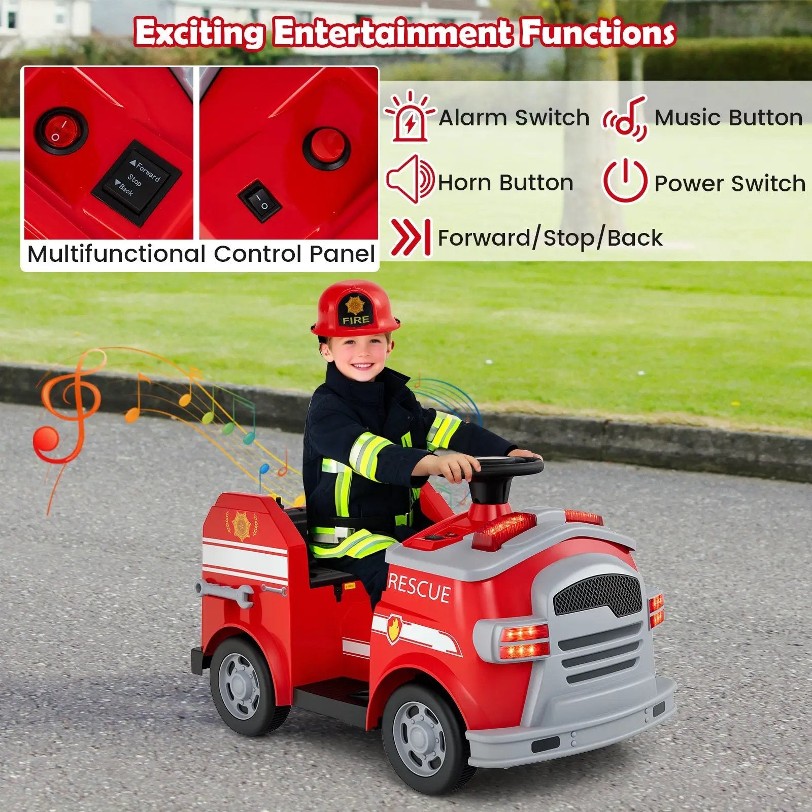 12V Toddler Fire Toy Car with Shovel and Wrench for Ages 37-95 Months by DirectDeals