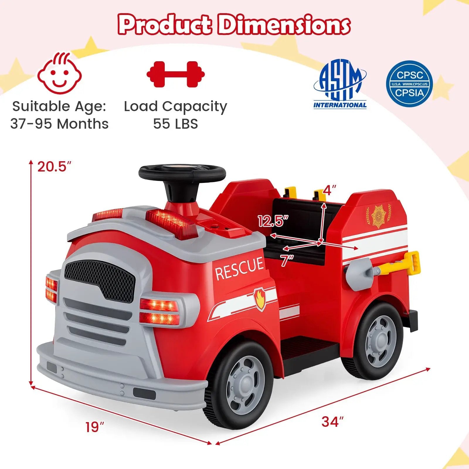 12V Toddler Fire Toy Car with Shovel and Wrench for Ages 37-95 Months by DirectDeals