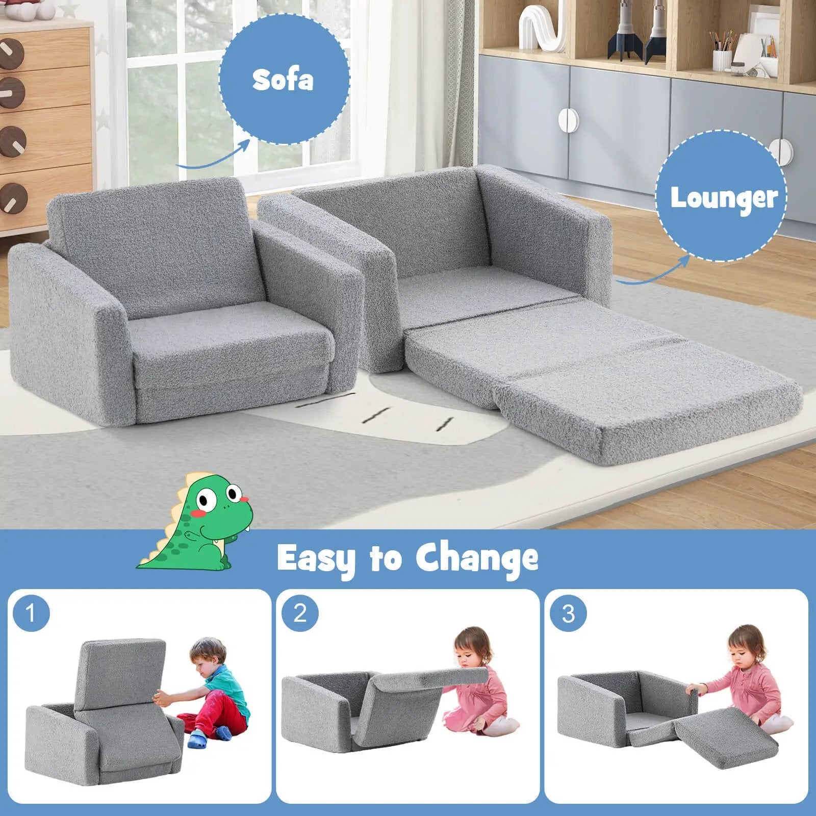 2-in-1 Children’s Convertible Sofa to Lounger-L by DirectDeals