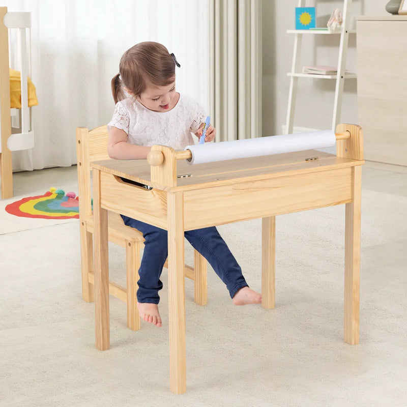 Toddler Multifunctional Activity Table and Chair Set with Paper Roll Holder-Natural by DirectDeals