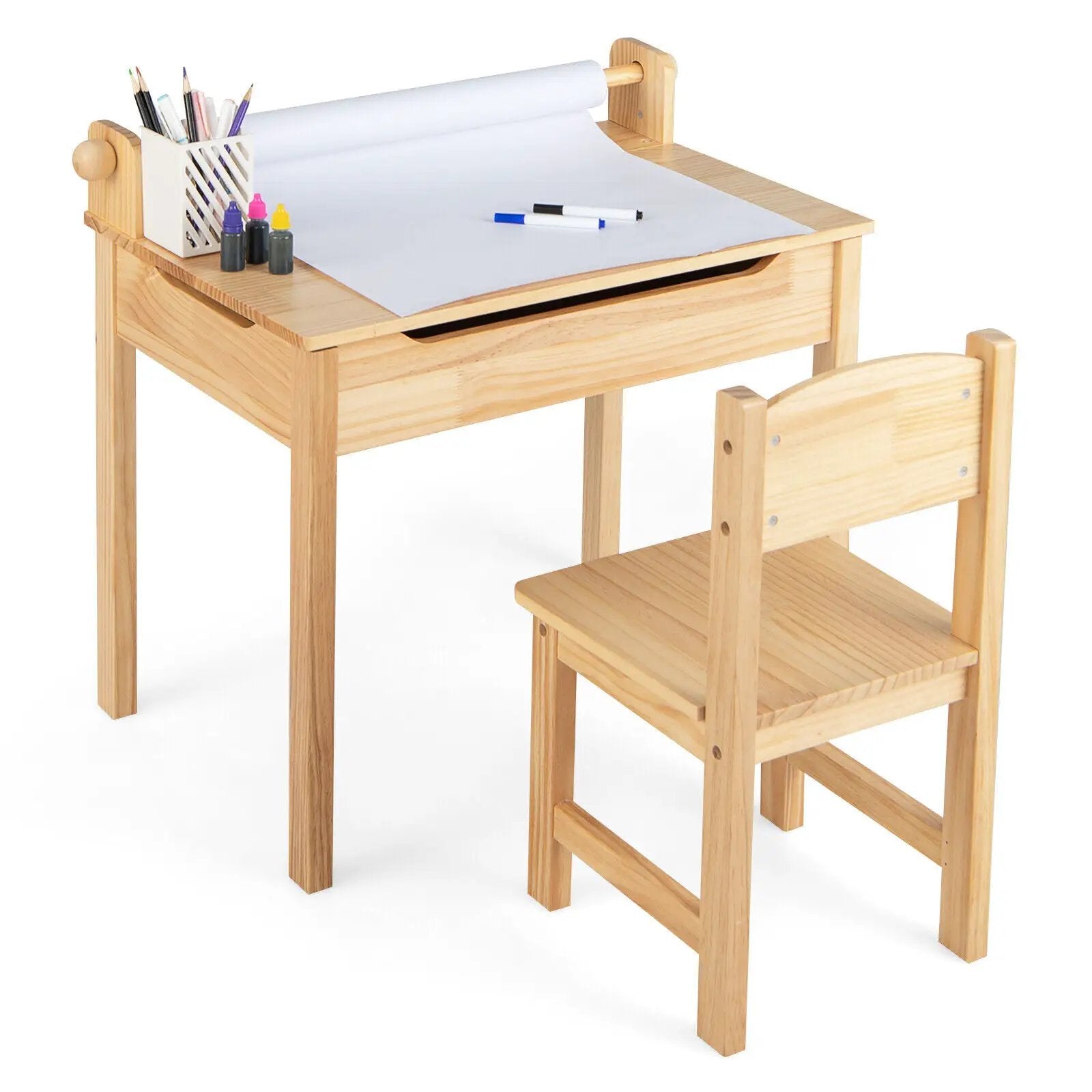 Toddler Multifunctional Activity Table and Chair Set with Paper Roll Holder-Natural by DirectDeals
