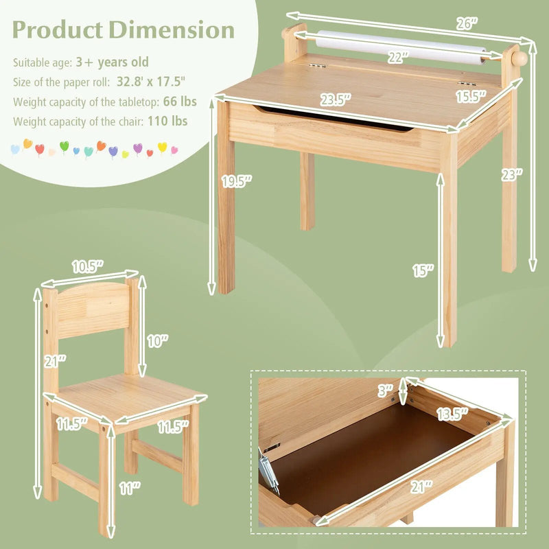 Toddler Multifunctional Activity Table and Chair Set with Paper Roll Holder-Natural by DirectDeals