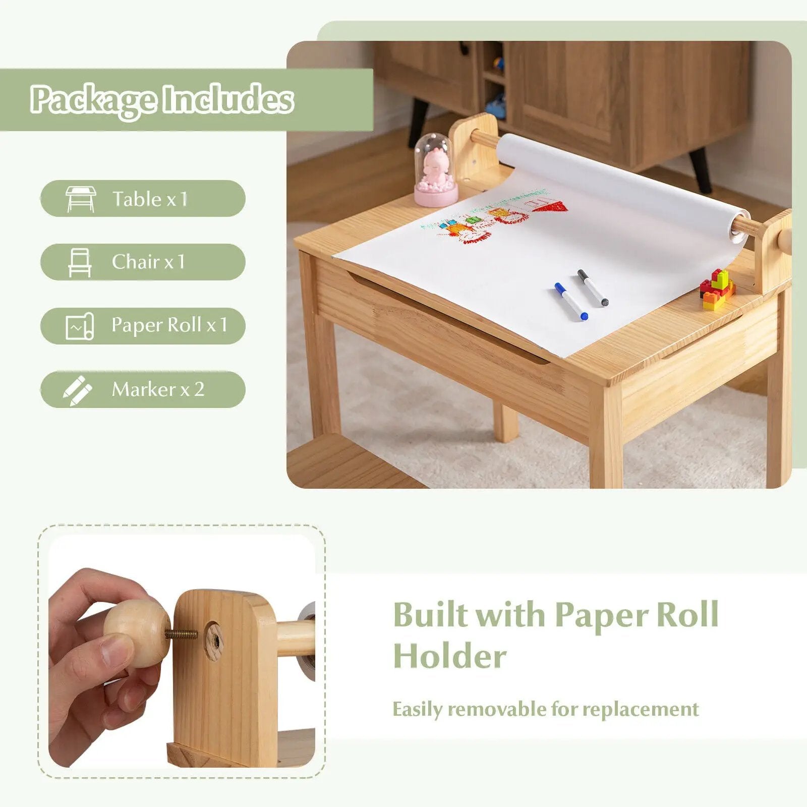 Toddler Multifunctional Activity Table and Chair Set with Paper Roll Holder-Natural by DirectDeals