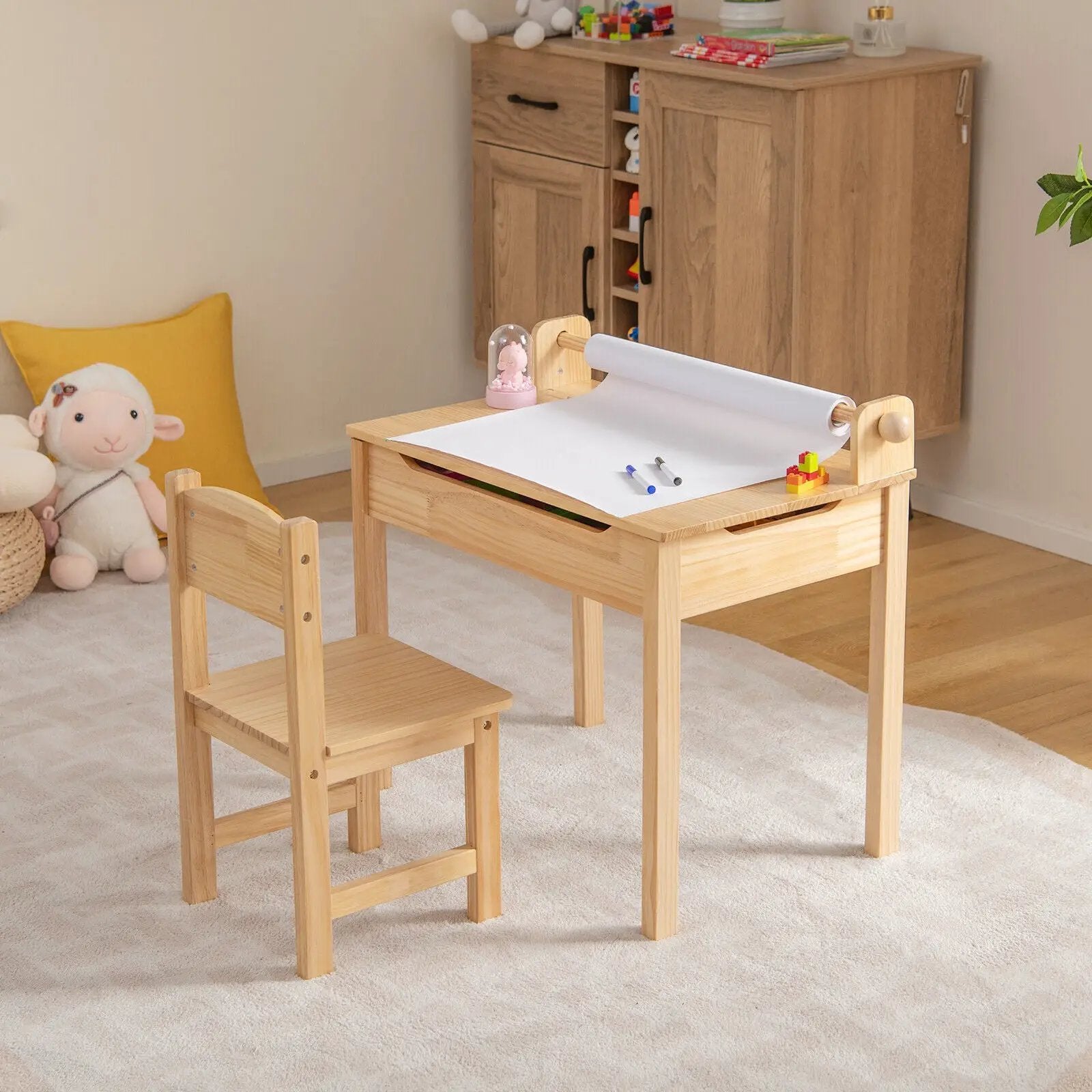 Toddler Multifunctional Activity Table and Chair Set with Paper Roll Holder-Natural by DirectDeals