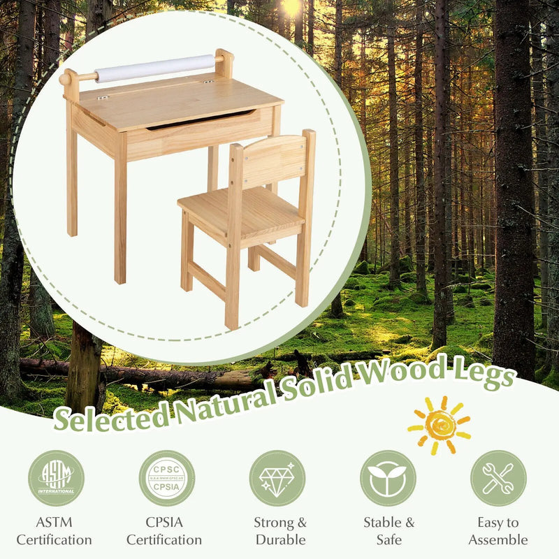 Toddler Multifunctional Activity Table and Chair Set with Paper Roll Holder-Natural by DirectDeals