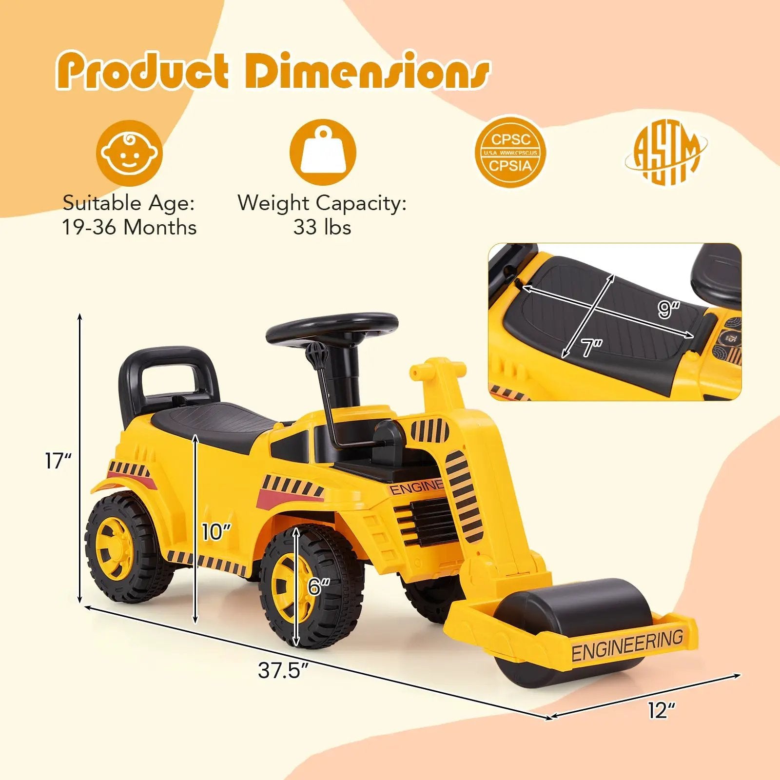 Toddler Ride on Car with Adjustable Roller and Under-Seat Storage-Yellow by DirectDeals