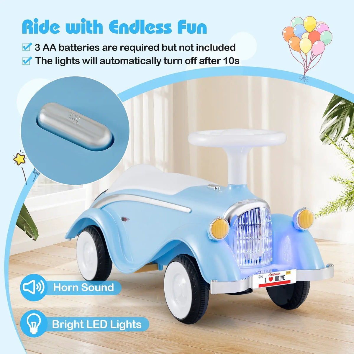 Toddler Ride on Toy Classic Sliding Car with Horn and LED Headlight, photo 16 of 24