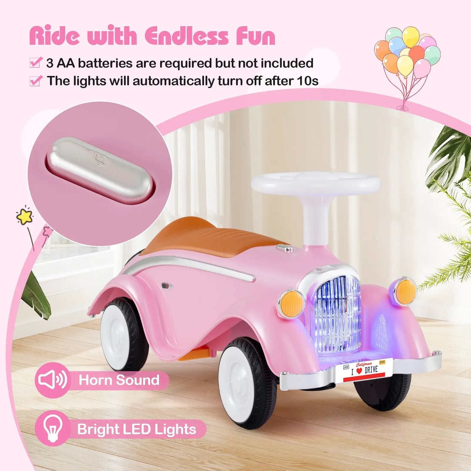 Toddler Ride on Toy Classic Sliding Car with Horn and LED Headlight by DirectDeals